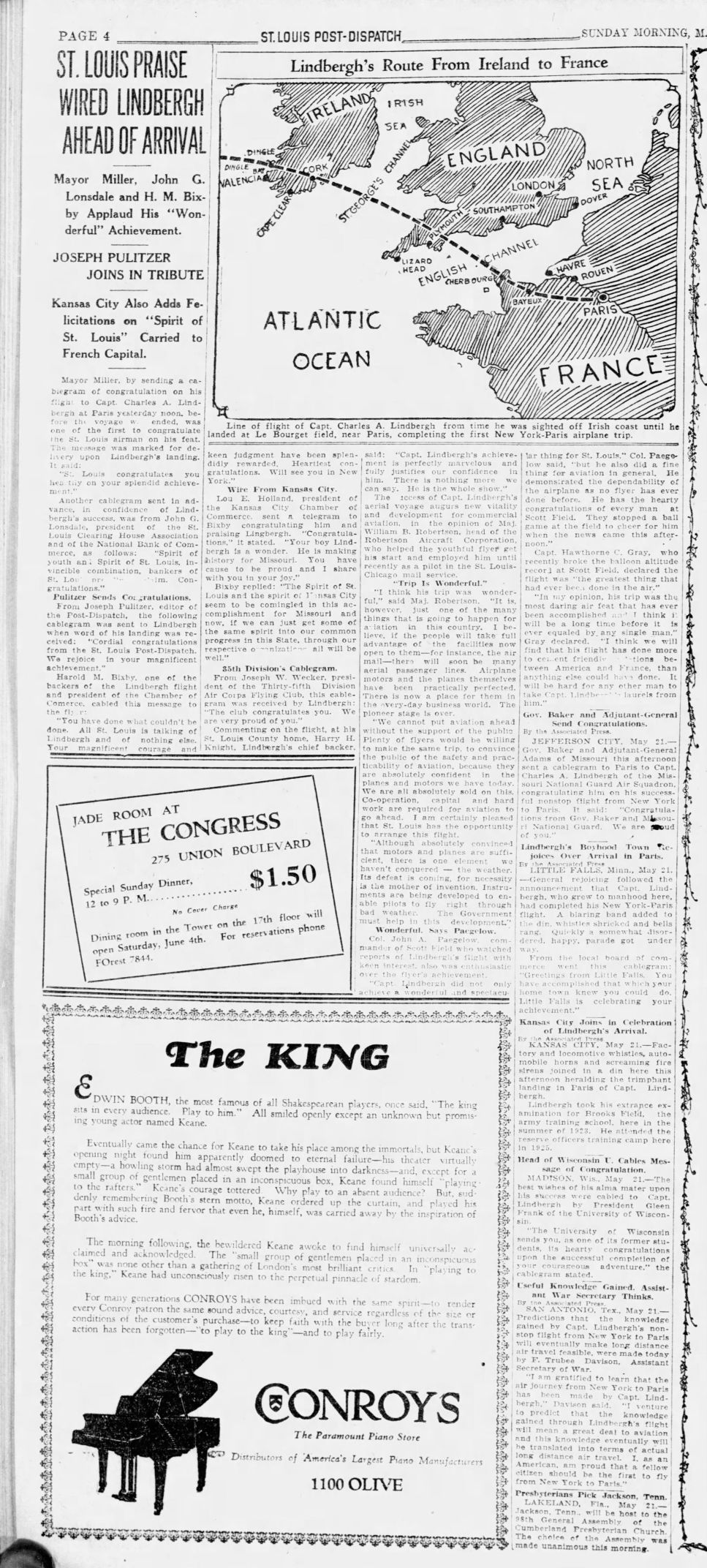 May 22, 1927 - St. Louis Praise Wired Lindberg Ahead of Arrival
